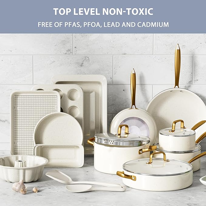 Pots and Pans Set Nonstick - Granite Cookware + Bakeware Set Kitchen Cookware Sets With Dutch Oven, Frying Pans, Saucepan, Sauté Pan, Silicone Utensils, Cookie Sheet, Baking Pan Set for Cooking Gifts