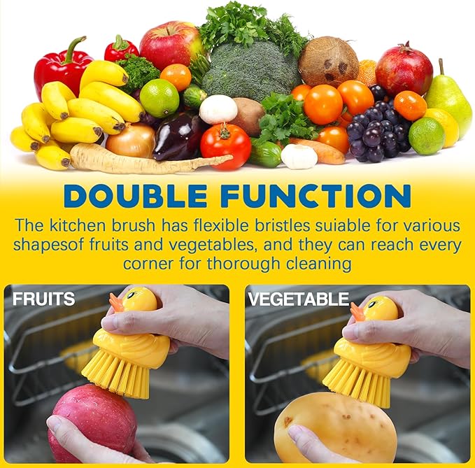 GTOTd Cute Ducky Washing Dish Brush（2 Pack）Ergonomic Palm Scrubber with Handle for Potato Vegetable Fruit Kitchen Gadgets White Elephant Gifts Accessories Stuff Household Cleaning Dishwashing Supplies