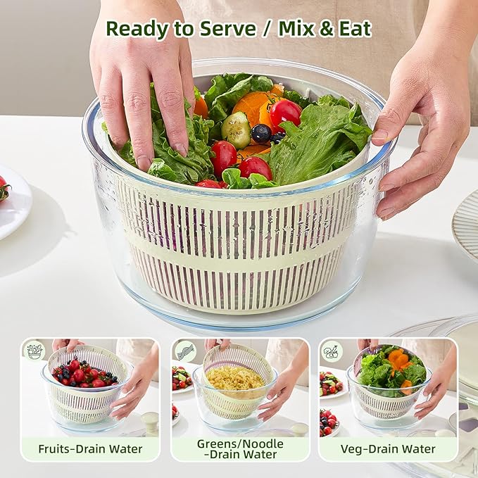 Large 5.2 Qt Glass Salad Spinner Vegetable Dryer with Drain Microwave Safe Dishwasher Safe with Transparent Lid Crank Handle Quick Spin Greens Washer for Lettuce Herbs Fruits (off-white)