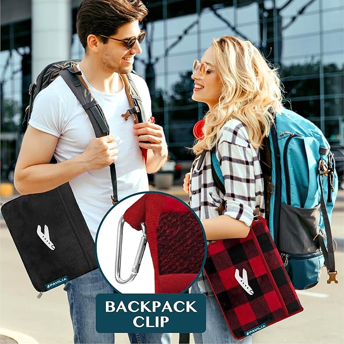 PAVILIA Travel Blanket Pillow, Airplane Blanket Set in Soft Bag with Pockets, Plane Blanket Compact Packable, Flight Essentials Car Pillow, Travelers Accessories Gifts, Luggage Strap, Plaid Red