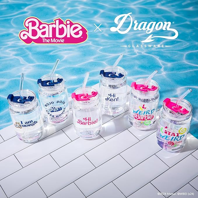 Dragon Glassware x Barbie The Movie - 16 oz Glass Cups with Lids and Straws, Set of 2 - Iced Coffee Cups with Lids - Versatile Glass Tumbler with Straw and Lid - I'm Just Ken