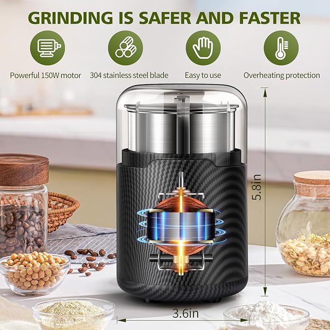 Hermolante 150W Electric Herb and Spice Grinder, 60g (2.1oz), 304 Stainless Steel Cup and Blade, Lid-Activated Safety Press-Top, Compact, Cleaning Brush Included, for Coffee Beans, Nuts, Seeds