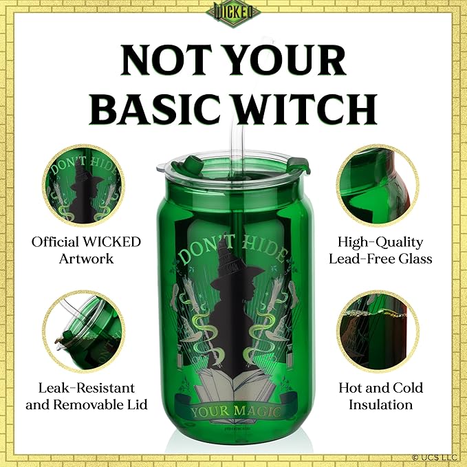 Dragon Glassware x Wicked 16 oz Drinking Glasses Set of 2 - Glass Cups with Lids and Straws - Iced Coffee Cups with Lids - Reusable Glass Tumbler with Straw and Lid - Enchanted