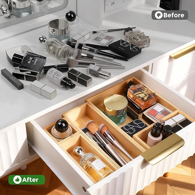 Bamboo Drawer Organizer Set, 14 PCS Multi-Use Individual Wood Storage Organizers, Junk Drawer Divider and Storage Trays Containers for Kitchen, Bathroom, Office Desk, Makeup, Jewelry, Utensils