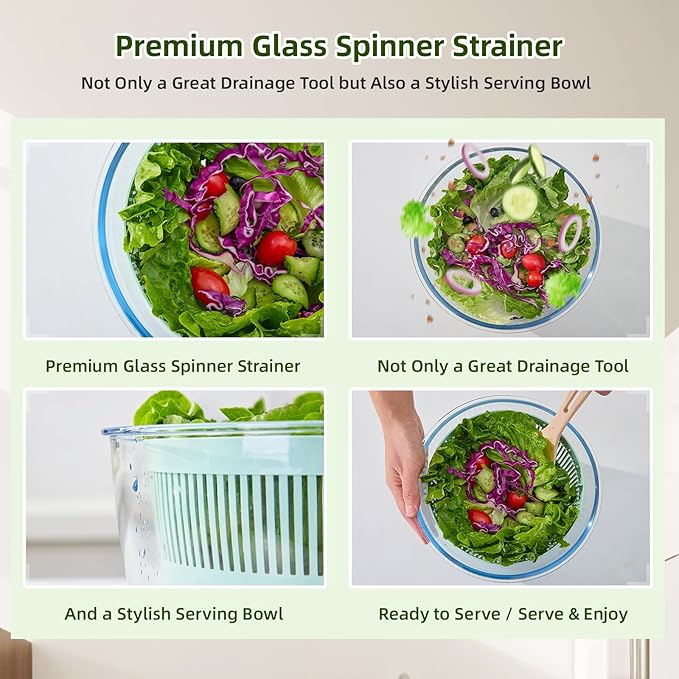 Large 5.2 Qt Glass Salad Spinner Vegetable Dryer with Drain Microwave Safe Dishwasher Safe with Transparent Lid Crank Handle Quick Spin Greens Washer for Lettuce Herbs Fruits