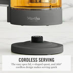 Martha Stewart  Electric  Kettle with Removable Stainless Steel Tea Infuser, Glass Carafe 1.7L (7 Cups), Hot Water Boiler, 4 Presets, Keep Warm & Auto Shut-Off, Cordless 360° Swivel Base, Caviar Gray