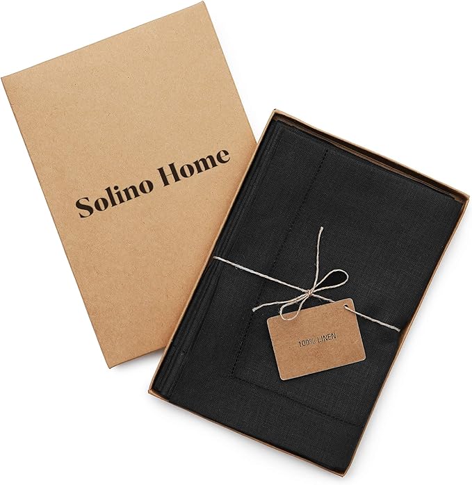 Solino Home Black Linen Napkins Set of 6-100% Pure Linen Hemstitch Dinner Napkins 20 x 20 Inch for Winter, Holiday, New Year - Classic Hemstitch