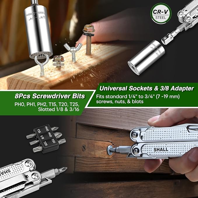 SHALL Multi Tool, 18-in-1 Multitool Pliers, Stainless Steel Multi-tool Pocket Knife w/Screwdriver Bit & Universal Socket, Self-locking Multipurpose Tool w/Sheath for Camping Fishing Survival Hunting
