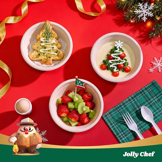 JOLLY CHEF Compostable Disposable Paper Bowl [16 oz] Heavy Duty Soup Containers [150 Pack] Biodegradable Bagasse Hot Cold Eco-Friendly Natural Sugarcane Microwavable Bowls for Dinner Christmas
