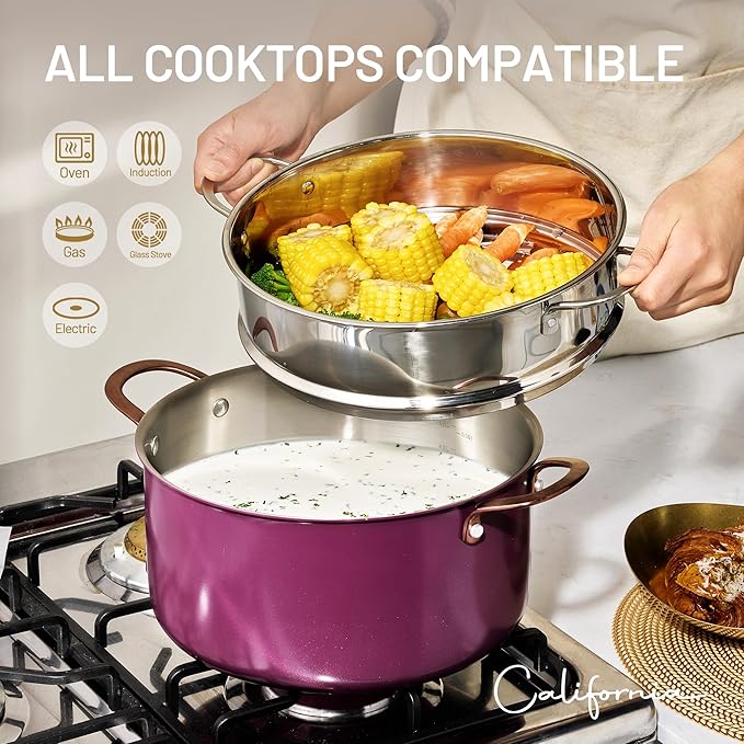 CAROTE 8QT Full Clad Tri Ply Stainless Steel Stock Pot with Lid, Kitchen Stockpot Soup Pot, Outer Ceramic Layer, Even Heating, All Stoves Compatible, Oven & Dishwasher Safe, Stay Cool Handle, Purple