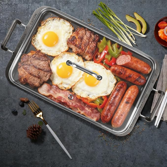 Vayepro 2-Burner Griddle Pan with Glass Lid - Nonstick Stovetop Griddle for Gas & Glass Cooktops - Aluminum Camping Grill Pan for Breakfast (Pancakes/Eggs/Bacon) (22"L x 12"W x 1.77"Th)