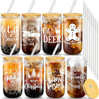 Umigy 8 Pack Christmas Glass Cups 16 oz Christmas Drinking Glasses Tumblers with Lids and Straws Drinkware Glassware Beer Can Shaped Iced Coffee Drinkware Mason Jar Cups for Xmas Gift Party Decor