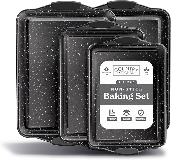 Country Kitchen Nonstick Stackable Bakeware Set - Heavy Duty, Durable, Easy Release Baking Set, Black, 4 Pcs