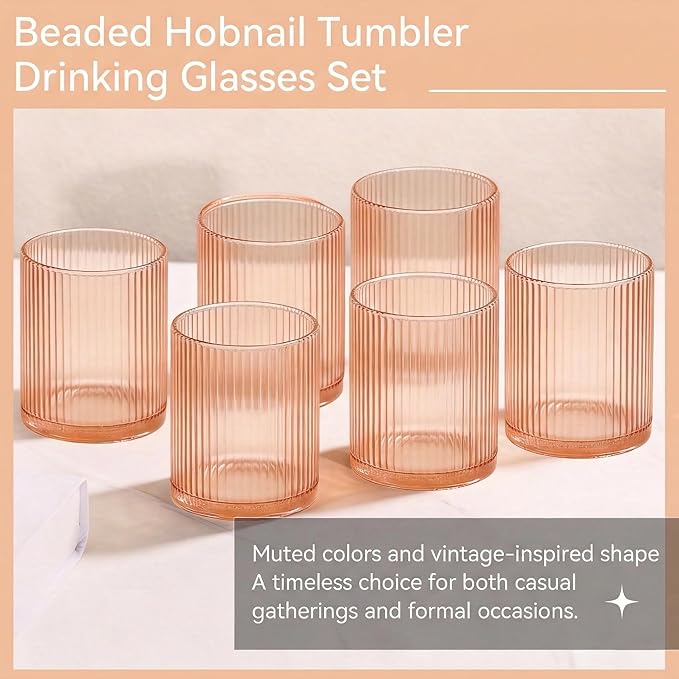 Physkoa Peach Ribbed Drinking Glasses Set of 6 – 9oz Vintage Peach Glassware, Embossed Ribbed Tumbler Cups for Juice, Water, Iced Coffee, Cocktail