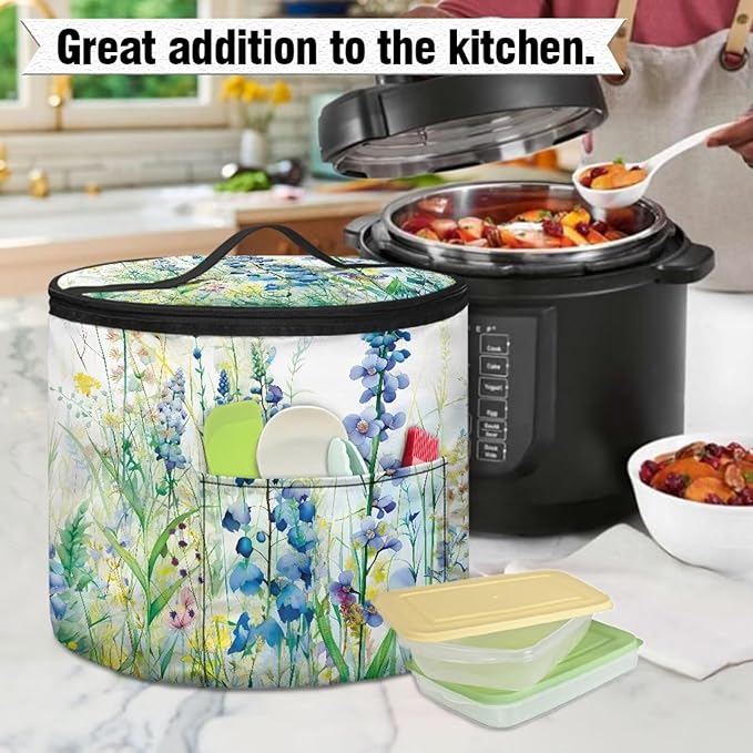 Iris Flower Pressure Cooker Storage Bag Air Fryer Carry Bag Whiite Flower Air Fryer Rice Cooker Slow Cooker Insulated Carrier Bag Zipper Closure Kitchen Small Appliance Dust Covers