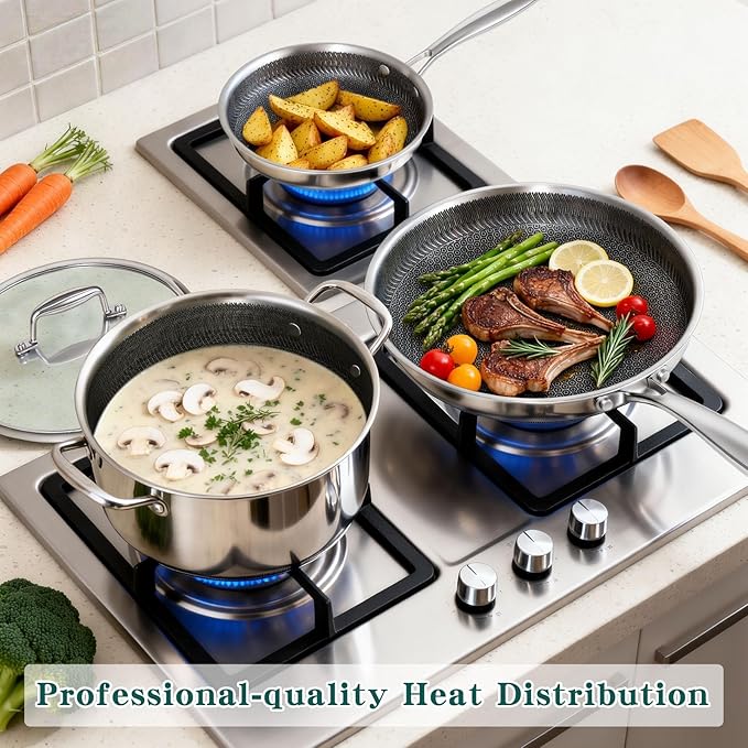 Yoehka 14-Piece Hybrid Stainless Steel Cookware Set, Non-Stick Pots and Pans Set with 3 Silicone Trivets | Induction Compatible Frying Pans, Saucepans, Saute Pan & Stock Pot | Oven Dishwasher Safe