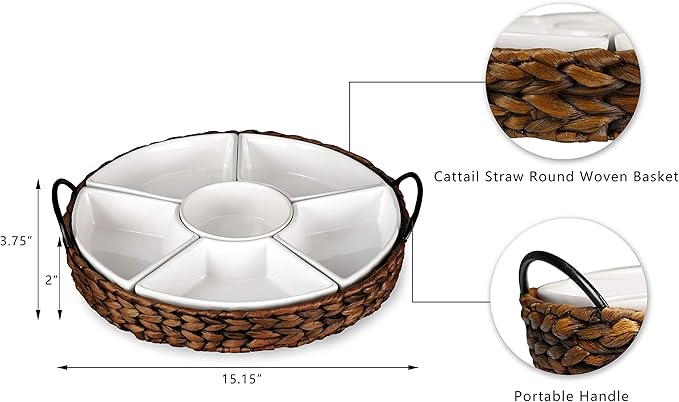 Serving Tray and Serving Dishes, RANDEFURN 7-Set Gold Platters for Parties,15.5 x 15.5 inches, Divided Serving Trays & Platters, Portable Handle,Gold