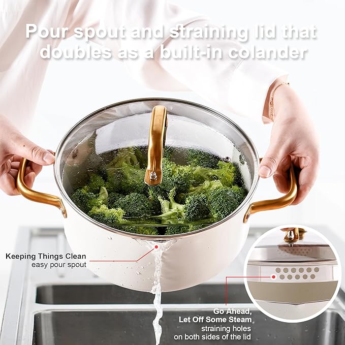 Pots and Pans Set - VONIKI Nonstick Granite Cookware Set, Gold Kitchen Cookware Sets, Non Toxic Cooking Pot Set, PFOA Free, Oven & Dishwasher Safe - Ideal Gift for Home Chefs