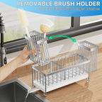 Cisily Sponge Holder for Kitchen Sink, Sink Caddy Organizer with High Brush Holder, Kitchen Countertop Organizers and Storage Essentials, Rustproof 304 Stainless Steel (Silver, 9.25″)