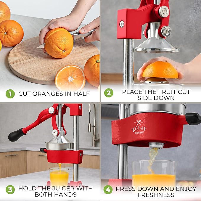 Zulay Kitchen Cast Iron Juicer - Easy-to-Clean Heavy-Duty Manual Juicer, Professional Citrus Juicer - Stainless Steel Lemon Squeezer - Manual Citrus Press & Orange Squeezer - Orange Juicer (Red)