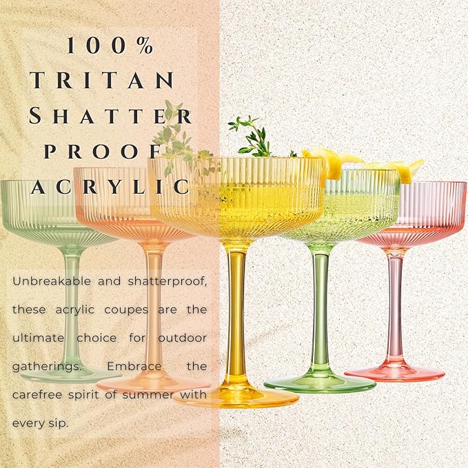 Khen Shatterproof Acrylic Ribbed Vintage Art Deco Martini, Champagne & Cocktail Spring & Summer Bright Pastel Colors Plastic Coupe Glasses | 5 Set | 8oz Ripple Classic Indoor & Outdoor, European Style