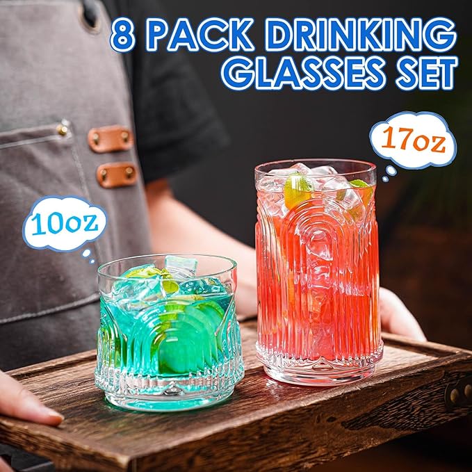 Vintage Drinking Glasses, Art Deco Glassware, Set of 8 Hand-Made Glass Cups-17oz Highball Glasses & 10oz Cocktail Glasses, Ribbed Glassware, Bar Tumbler Set, Kitchen Glass ware