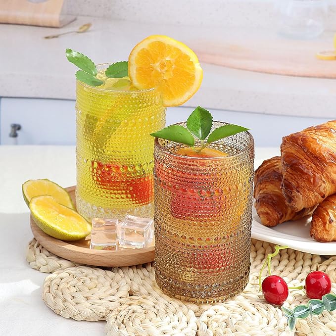 Hobnail-Drinking Glasses 13oz Vintage Glassware Sets Cocktail Juice Glasses Set of 6, Light Brown