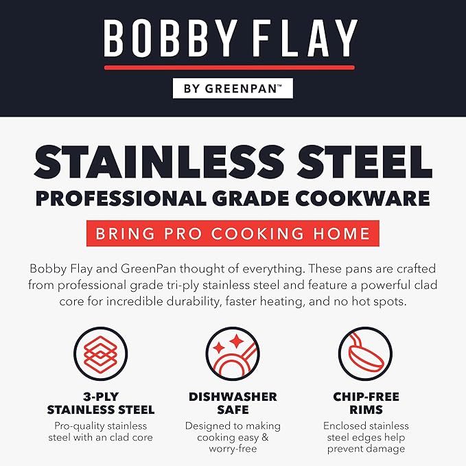 GreenPan x Bobby Flay 10 Piece Stainless Steel Cookware Set, Tri-Ply Multiclad Pots & Pans, Professional Grade, Oven & Broiler Safe to 600°F, Dishwasher Safe, Durable, Induction Compatible, Silver