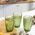 Fashionstorm Green Drinking Glasses Set of 6, Green Fern Glasses Cups 12 oz, Vintage Glassware Colored Glass Cups for Beverages Cocktail Juice Wine, Drinkware Gift Set Housewarming Gift