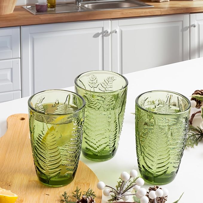 Fashionstorm Green Drinking Glasses Set of 6, Green Fern Glasses Cups 12 oz, Vintage Glassware Colored Glass Cups for Beverages Cocktail Juice Wine, Drinkware Gift Set Housewarming Gift