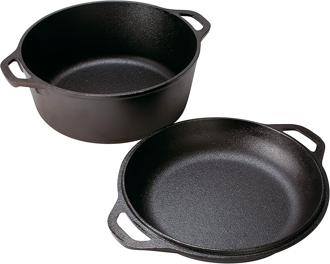Lodge Cast Iron Double Dutch Oven - Pre-Seasoned 2-in-1 Cast Iron Cookware - Pot & Skillet Combo - Even Heat Retention - Oven-Safe, Versatile Pot - 5 Quart