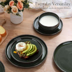 E-far Stoneware Dinnerware Sets for 6, 18 Pieces Reactive Glaze Plates and Bowls Sets, Elegant Dishes with Rustic Terracotta Clay Base, Dishwasher & Microwave Safe, Scratch Resistant, Blackish Green