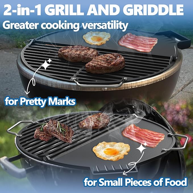 SafBbcue Cast Iron Griddle & Grate for Weber 22" Kettle Charcoal Grill Accessories, Foldable Cooking Grate & Griddle for Cuisinart CHA-830 Cleanburn Fire Pit Cook Top, Outdoor Campfire BBQ Parts
