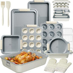Kikcoin 25 PCS Stackable Baking Pans Set, Non-stick Bakeware Sets with Silicone Handles, 450°F Oven Safe Cookie Sheets for Baking, Easy Release Heavy-duty Baking Sheets Non Stick, Cream