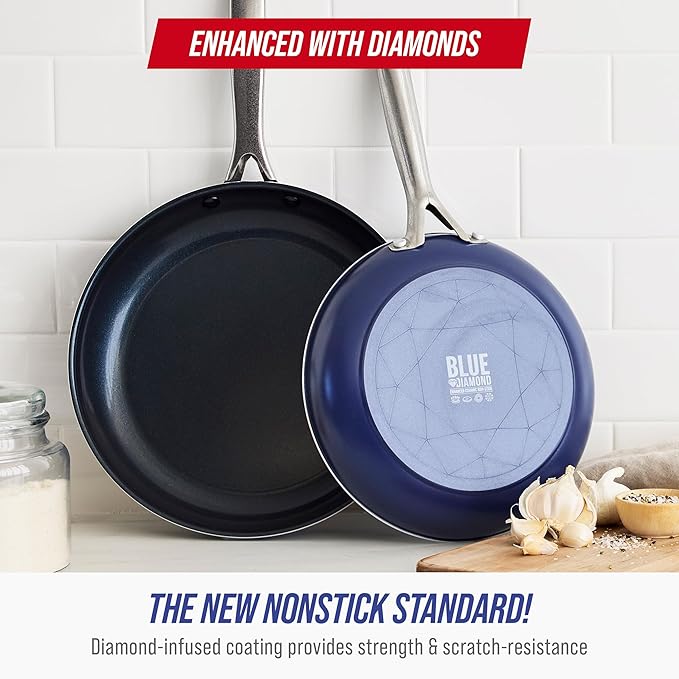 Blue Diamond 9.5” and 11" Frying Pan Skillet Set, Diamond Infused PFAS & PFOA-Free Ceramic Nonstick Pots & Pans, Durable Non Toxic Metal Utensil Safe & Scratch Resistant, Dishwasher & Oven Safe, Blue