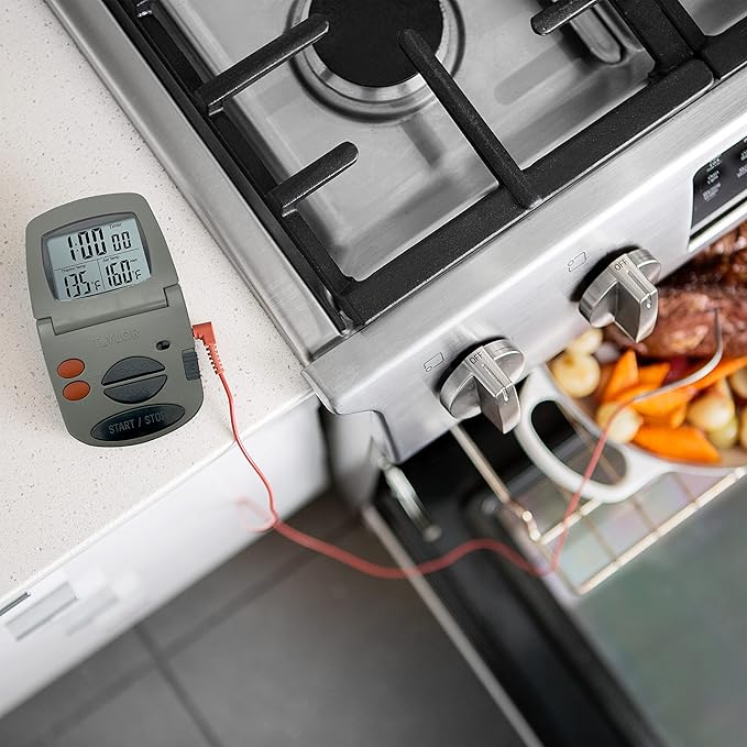 Taylor Programmable with Timer Instant Read Wired Probe Digital, Meat, Food, Grill BBQ Cooking Kitchen Thermometer with Timer, Gray
