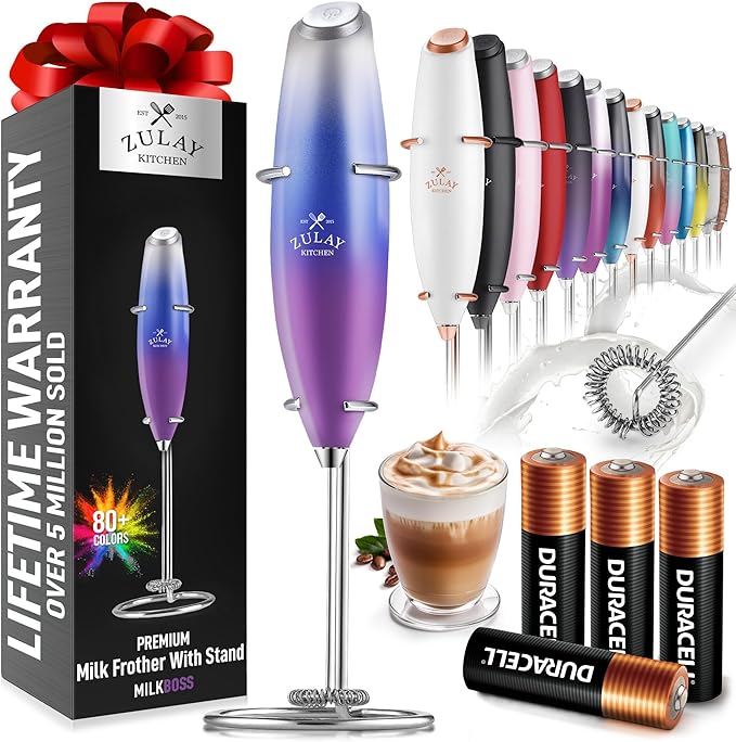 Zulay Kitchen Powerful Milk Frother Wand With 4 AA Duracell Batteries - Ultra Fast Handheld Drink Mixer - Electric Whisk Foam Maker for Coffee, Lattes, Cappuccino, Matcha & Creamer - Firework