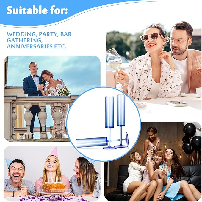 12 PCS Sapphire Blue Plastic Champagne Flutes 5.4 OZ Clear Acrylic Champagne Flutes Sparkling Wine Glasses Long Stem Crystal Champagne Glasses For Wedding Baby Shower Anniversary Party