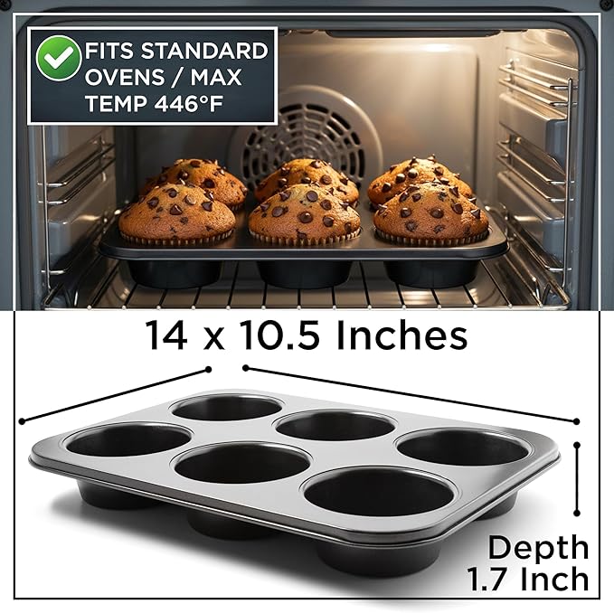 Wrenbury Jumbo Muffin Pan 6 Cup - Nonstick XL Deep Muffin Pan for Baking 4" Cup - Oversized Extra Large Cupcake Mold - Dishwasher Safe - PTFE Free - 446°F Oven Safe