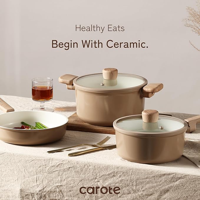 CAROTE 12Pcs Ceramic Pots and Pans Set Non Stick, Healthy Cookware Set, PFAS/PFOA Free, Kitchen Cooking Set with Frying Pans, Taupe