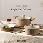 CAROTE 12Pcs Ceramic Pots and Pans Set Non Stick, Healthy Cookware Set, PFAS/PFOA Free, Kitchen Cooking Set with Frying Pans, Taupe