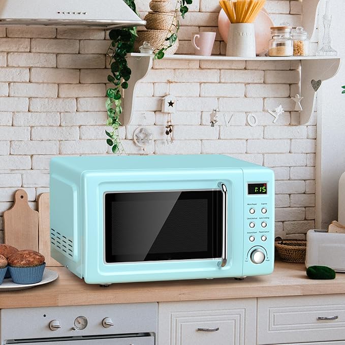 Moccha Retro Microwave, 0.7Cu.ft Compact Microwave, 700-Watt Countertop Microwave Ovens w/5 Micro Power, Delayed Start Function, LED Display, Child Lock, Small Microwave (Green)