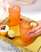 Ciaell 12 Pack Romantic Plastic Water Glasses - 14 Oz Amber Vintage Drinking Glasses, Embossed Ribbed Plastic Cups, Textured Striped Set for Juice, Beverages, Beer, Cocktai