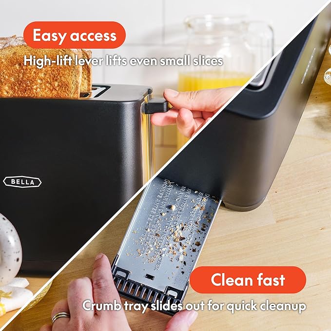 bella 2 Slice Toaster with Auto Shut Off, Extra Wide Slots & Removable Crumb Tray and Cancel, Defrost & Reheat Function, Toast Bread, Bagel & Waffle, Black