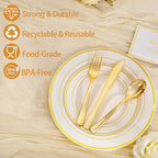 I00000 200 Pcs Gold and Ivory Plastic Plates, Ivory Disposable Party Plates Include 100 Dinner Plate 10’’ and 100 Plastic Dessert Plate 7’’ Perfect for Birthday, Party & Wedding