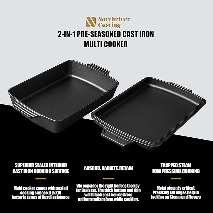 Northriver Casting 2-In-1 Pre Seasoned Cast Iron Dutch Oven With Skillet Lid,Casserole Dish,Rectangular Baking Pan,Griddle Pot Set, 6QT, 9"x13"
