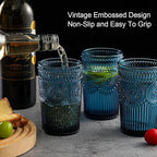 ZMOWIPDL Vintage Glassware Drinking Glasses Set of 6,13 oz Blue Textured Flower Design Glass Water Tumblers，Embossed Striped Drinkware for Water,Cocktails,Juice,Iced Coffee