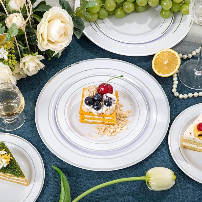 NOCCUR 200PCS Silver Plastic Plates Disposable for 100 Guests - Include 100 Dinner / 100 Dessert Plates Heavy Duty - Ideal for Party/Wedding/Christmas