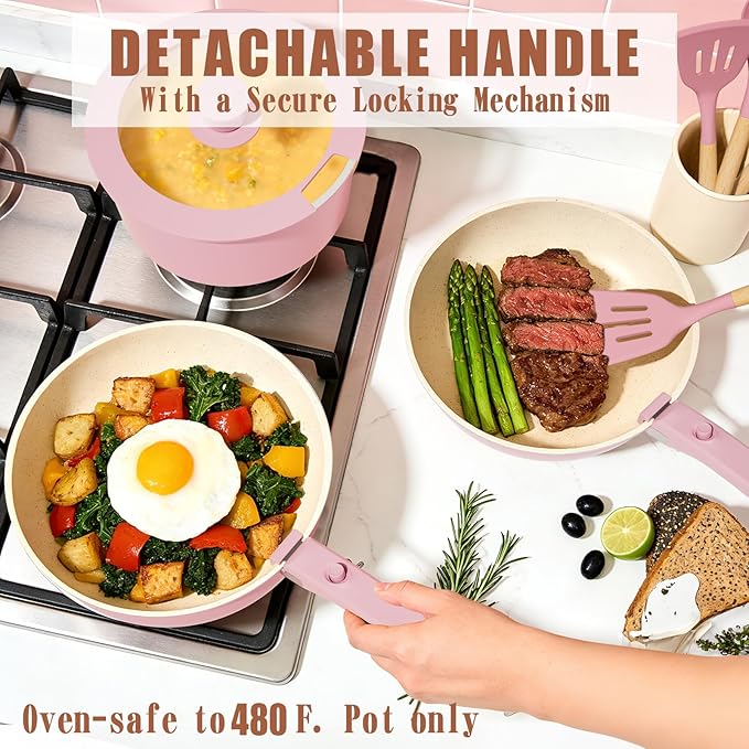 Umite Chef Pots and Pans Set Non Stick, 21 pcs Nonstick Ceramic Cookware Set, RV Kitchen Cooking Set with Detachable Handles, Oven Safe, Induction Cookware, Stackable, Pink, PFAS PFOA & PTFE Free