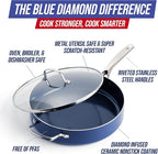 Blue Diamond 5QT Saute Pan with Lid, Non Toxic PFAS-Free Diamond Ceramic Nonstick, Dishwasher & Oven Safe, Metal Utensil Safe, Deep Jumbo Cooker Skillet with Helper Handle, Glass Lid, Blue